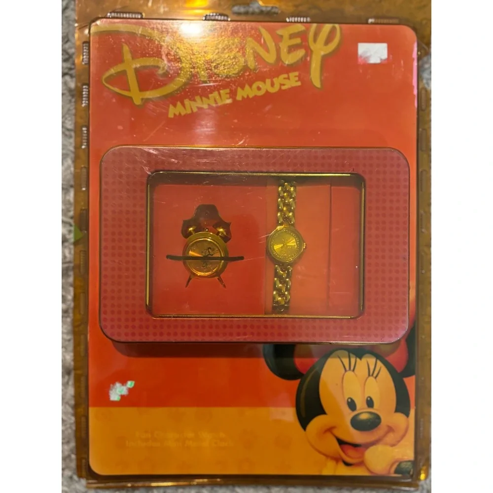 Disney Minnie Mouse Gold Tone Watch and Mini Metal Alarm Clock Gift Set MU0370